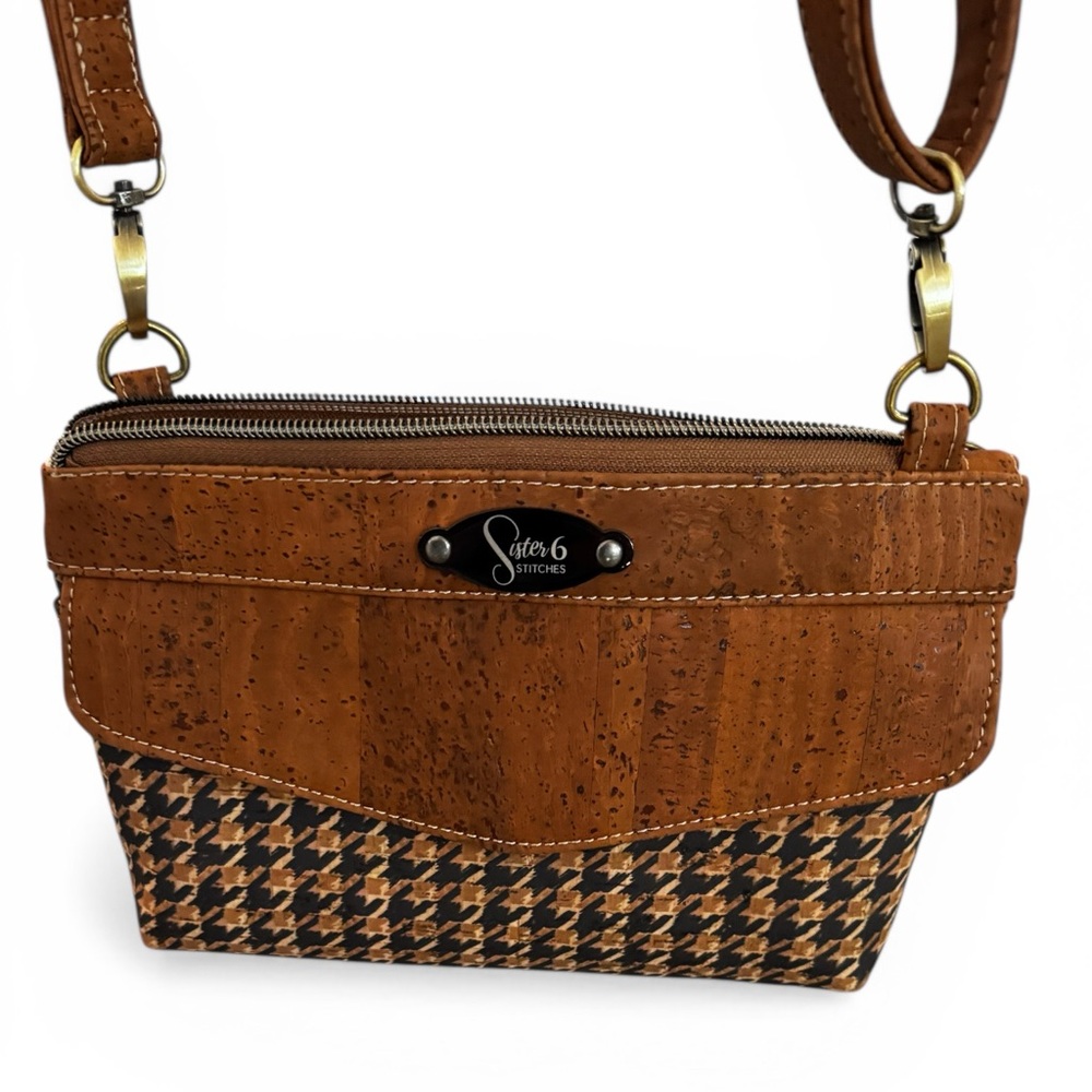 CUSTOM MADE. Brown Cork & Houndstooth Crossbody Bag